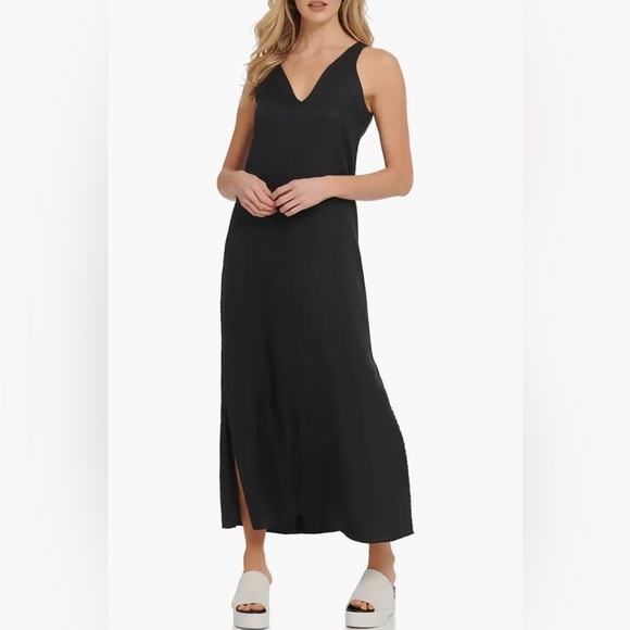 NWT DKNY Black Linen V-Neck Maxi Dress |Size XXL - Picture 2 of 5
